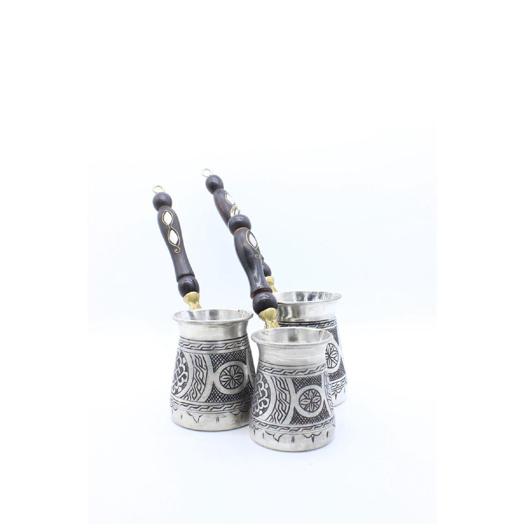 Gaziantep Handmade Ethnic Patterned Copper Coffee Pot Antique Silver Color 3 Piece Coffee Pot Set