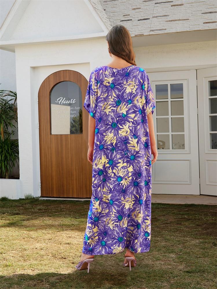 EDOLYNSA Plus Size Kaftan Purple Bohemian Printed Tasseled V-neck Summer Long Beach Dress Women Homewear Swim Suit Cover Up Loose Caftan Q1627