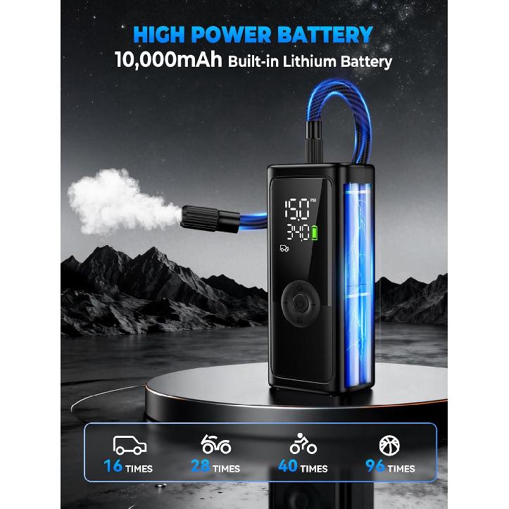 Tire Inflator Portable Air Compressor, 150PSI Cordless Tire Inflator, Auto-Off & LED Light, 10000MAh Battery Powered Bike Pump With Gauge For Car,
