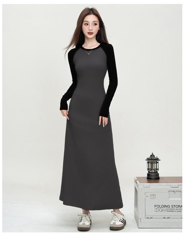 Color blocked hip dress 2025 autumn style gentle and sweet style long sleeved slim fit dress long skirt