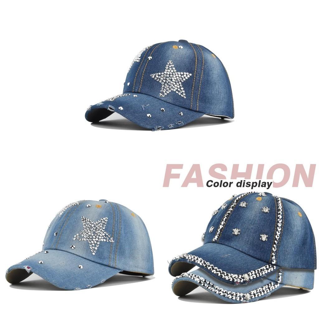 Skull Head Rhinestone Denim Baseball Cap With Hole Diamond Cowboy Duck Tongue Couple Sun Hat Co931-1 Navy Blue