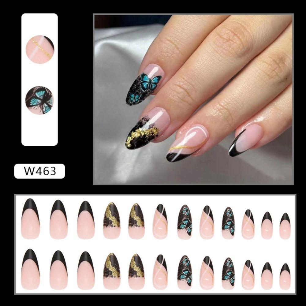 24pcs Manicure Fake Nials Press On Nails Black White Lines False Nails Long Almond French Butterfly
