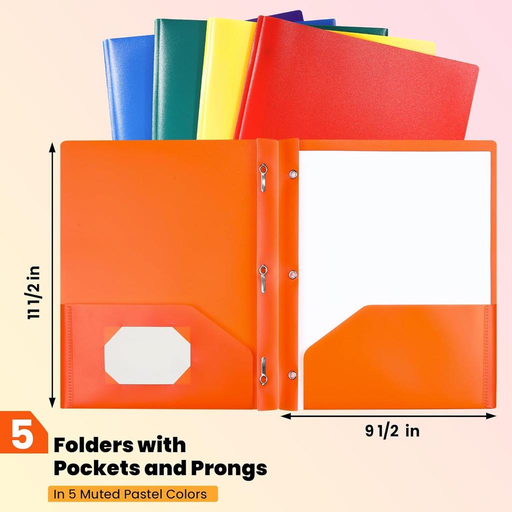 GNL Plastic Folders with Pockets and Prong, Pack of 5, Colored Heavy Duty 2 Pocket File Folders Letter Size, Folders with Prongs for School, Home,