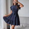 Ladies Temperament Polka Dot Ruffle Sleeve Dress Summer Tie Waist Drawstring A-Line Skirt