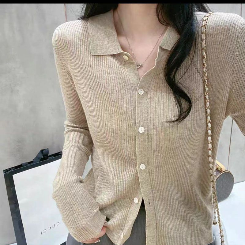 Retro Easy To Wear Amazing Swan Neck Fashionable POLO Neck Solid Color Temperament V-Neck Knitted Sweater Female