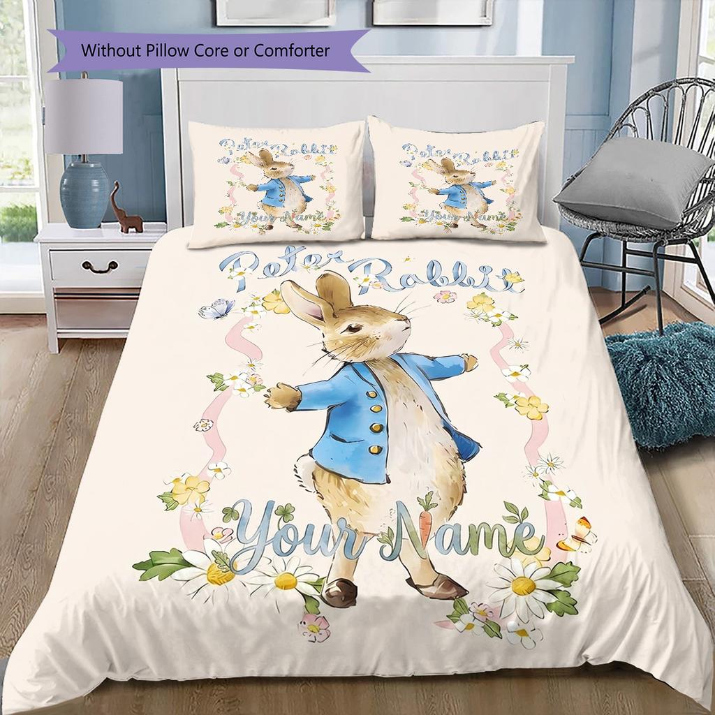 Peter Rabbit Adventure Custom Name Pattern Bedding Quilt Set Quilt Cover Pillowcase Home Birthday Gift(1 * duvet cover + 2 * pillowcase, without core)