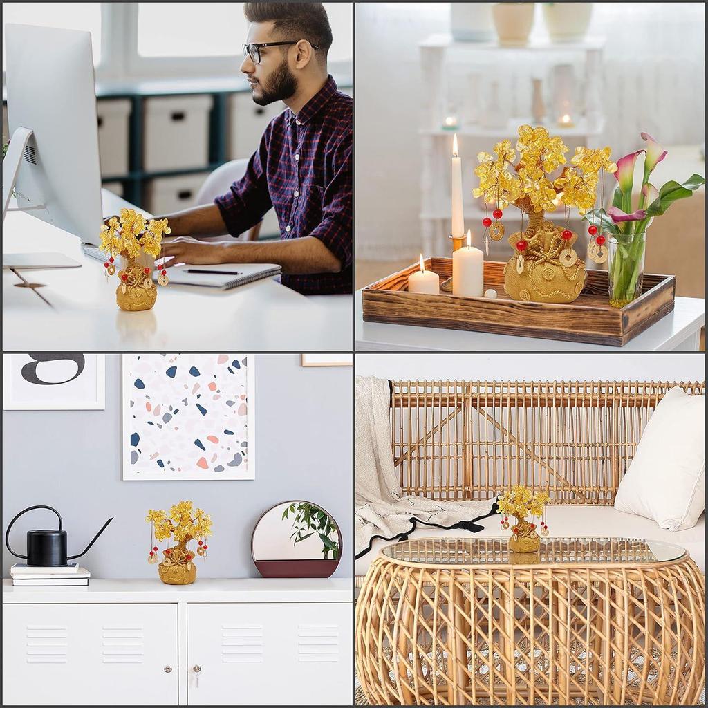 New Gold Crystal Ornaments with Hanging Coin Charms for Health, Wealth and Happiness - Table Decor, Living Room, Office (7 X 3 Inch)