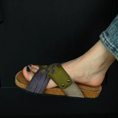 Винтажные плетеные разноцветные шлепанцы с открытым носком, платформа, круглый носок, открытый носок, заклепки, универсальные пляжные шлепанцы