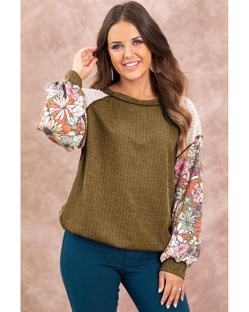 Azura Exchange Brown Floral Patchwork Puff Sleeve Textured Blouse