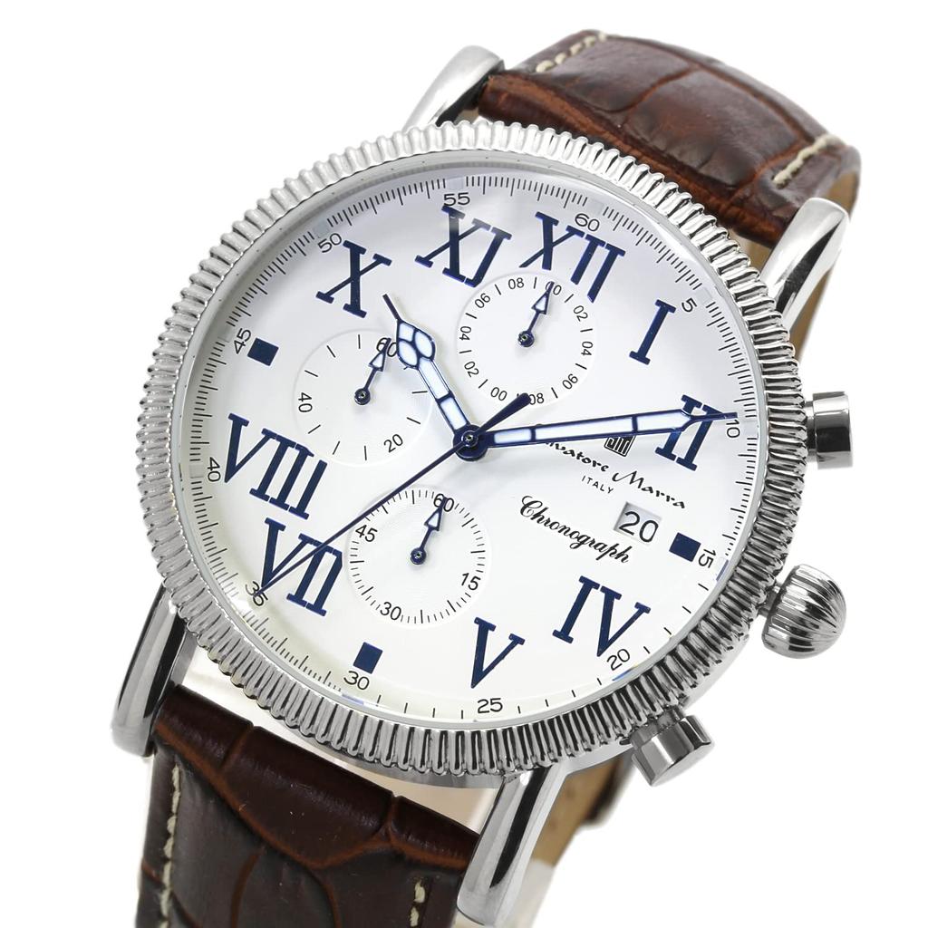 Часы-хронограф с кожаным ремешком, водонепроницаемость 5 АТМ, белый, темно-коричневый [Salvatore Mara] мужские SM19109-SSWHDBR