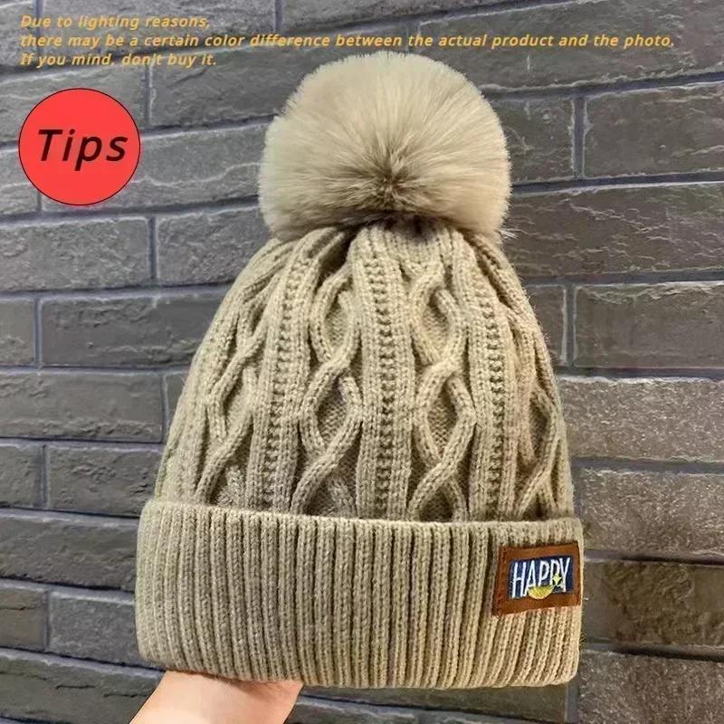 Корейские утепленные вязаные шапки, женские плюшевые зимние теплые шапки на флисовой подкладке для женщин и девочек, уличная шерстяная термошапка