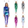 Womens Alien Robot Astronaut Cosplay Costume Metallic Shiny Full Body Unitard Long Sleeve Jumpsuit
