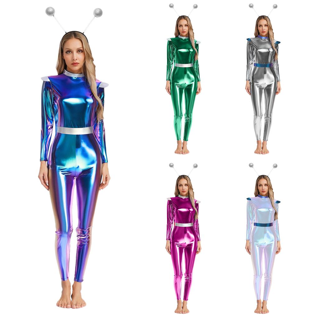 Womens Alien Robot Astronaut Cosplay Costume Metallic Shiny Full Body Unitard Long Sleeve Jumpsuit