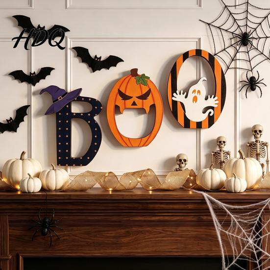 Знаки Хэллоуина из массива дерева Деревянные украшения BOO для настольного столика, многоуровневого подноса, декора тематической комнаты, креативные буквенные украшения, праздничные