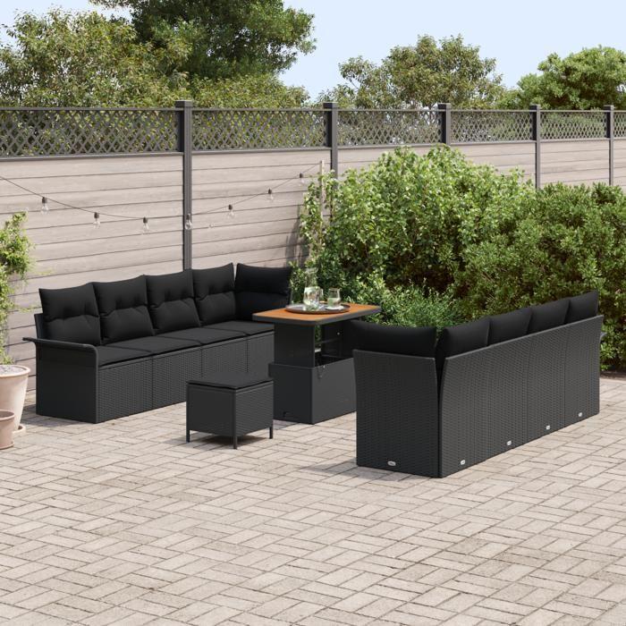 Ensemble de Canapés de Jardin 11 Pièces avec Coussins Poly Rattan Noir Acacia, Canapé de Jardin 2 Places avec Rangement & 3364059