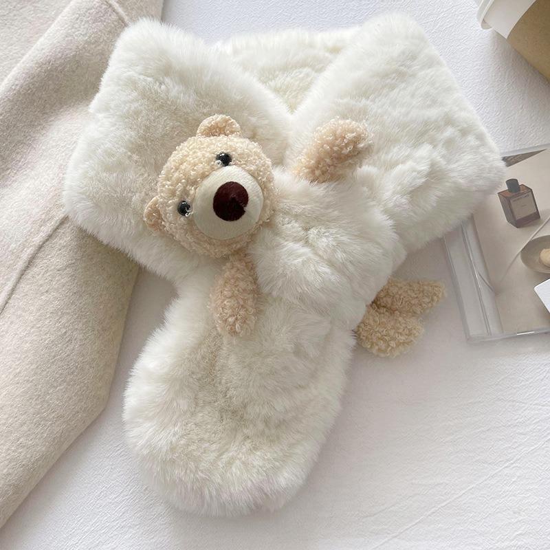Молочный фуфу милый + медведь пушистый шарф зимний утолщенный плюшевый детский мультяшный теплый шарф-крест для девочки