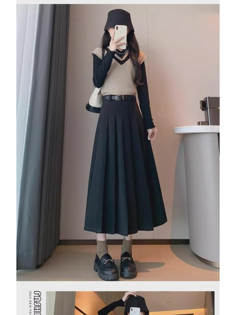 Women's High-Waist Gray Wool A-Line Skirt - Autumn/Winter Pleated, Elegant Slim-Fit.