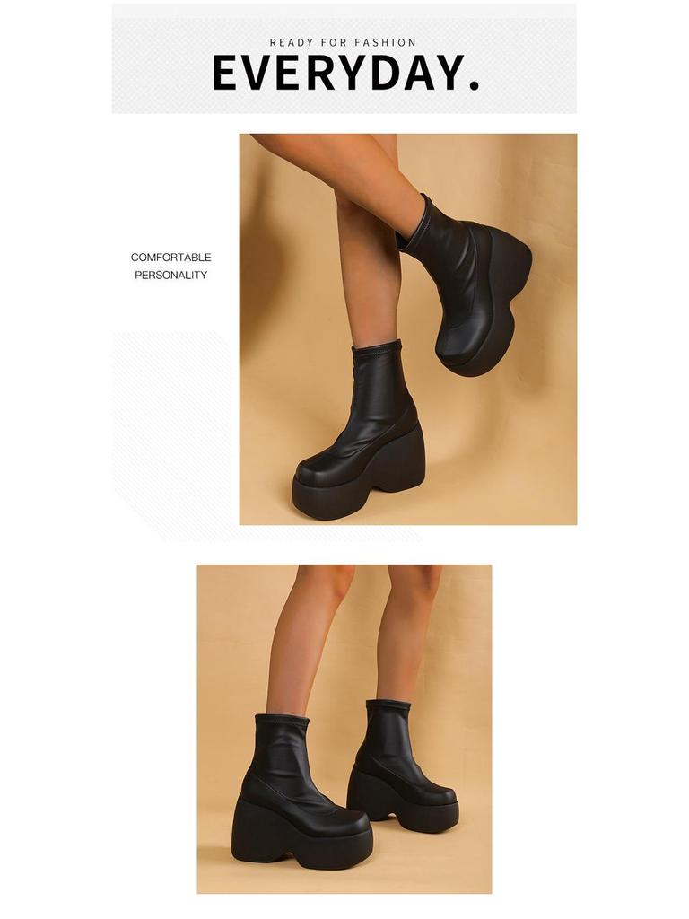 2022 Ботильоны на толстой платформе, клиновидном каблуке, с квадратным носком из кожи