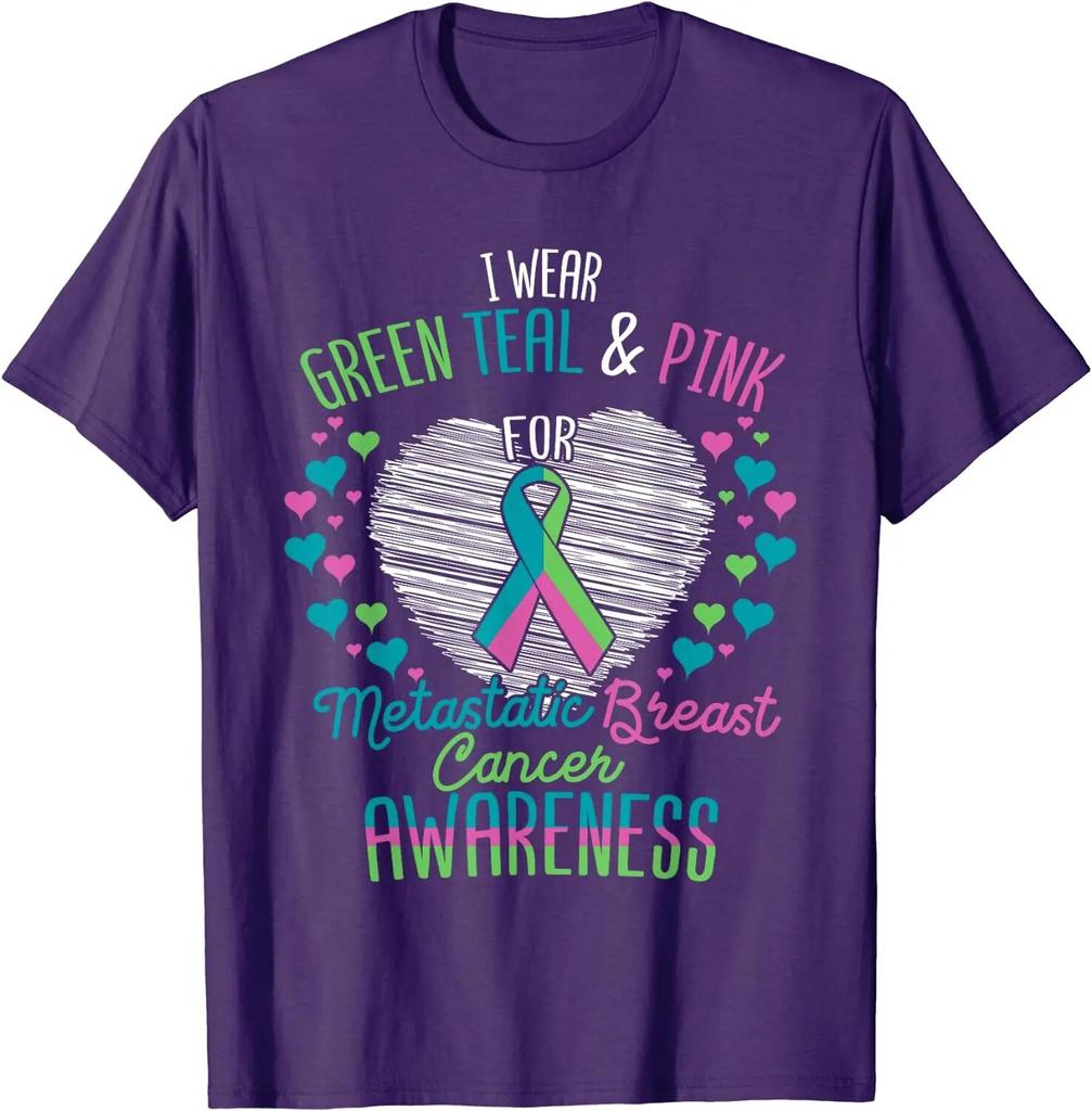 Wear Green Teal Pink for Metastatic Breast Cancer Ribbon T-Shirt for Women Oversized T Shirt Casual Short Daily Four Seasons