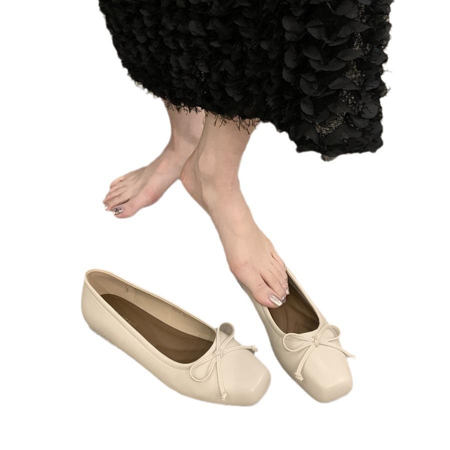 Серебристые одинарные туфли с легким бантом, весна 2024, новые французские туфли на плоской подошве для вечернего ветра, женские туфли