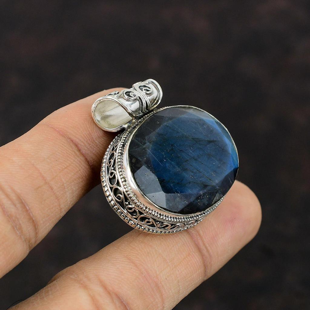 Ограненный лабрадоритовый кулон Ювелирные изделия ручной работы Подвеска из стерлингового серебра 925 пробы Замечательные винтажные украшения Подвеска из натурального драгоценного камня Подарок для мамы