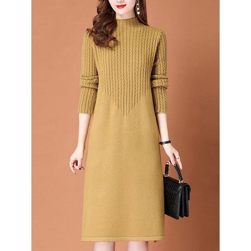 Womens Mid-Length Knit Dress Half Turtleneck Long Sleeve Slim Fit Over Knee Sweater Fall Winter