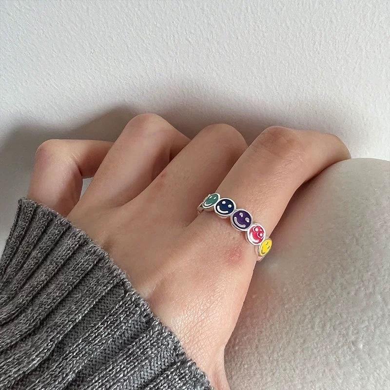 925 Silver Adjustable Open Ring, Colorful Rainbow Enamel Smiley Face Ring, Trendy Happy Face Stackable Ring for Girls
