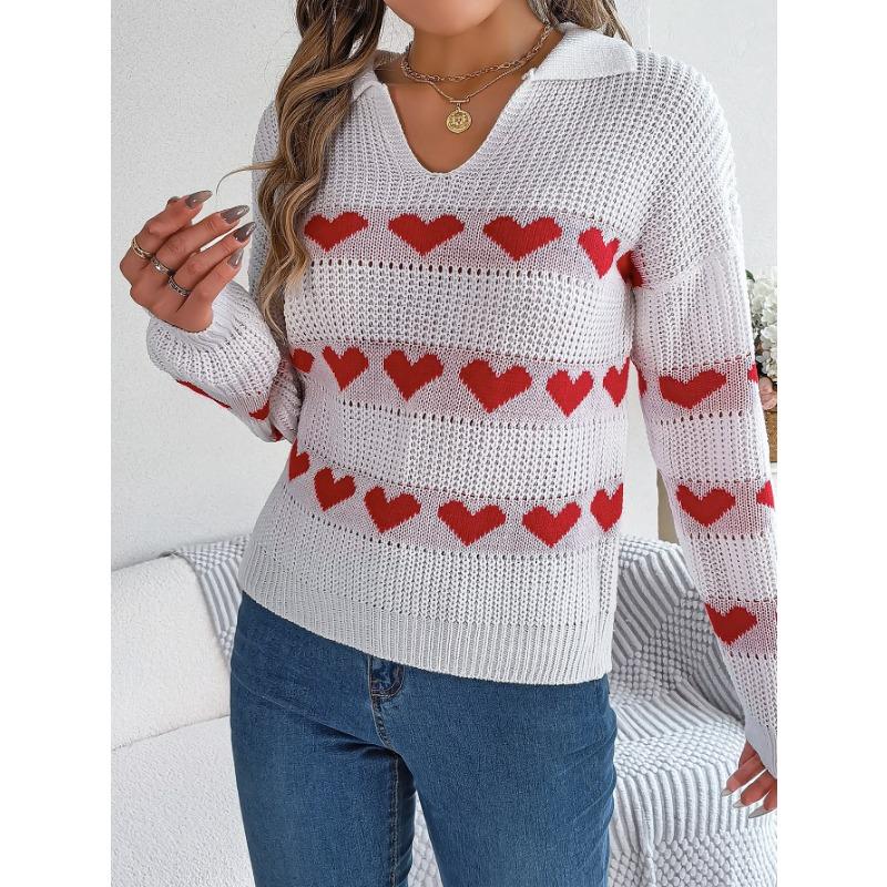 Women's Autumn and Winter Casual Lantern Sleeve Color Collision Heart Pullover Sweater