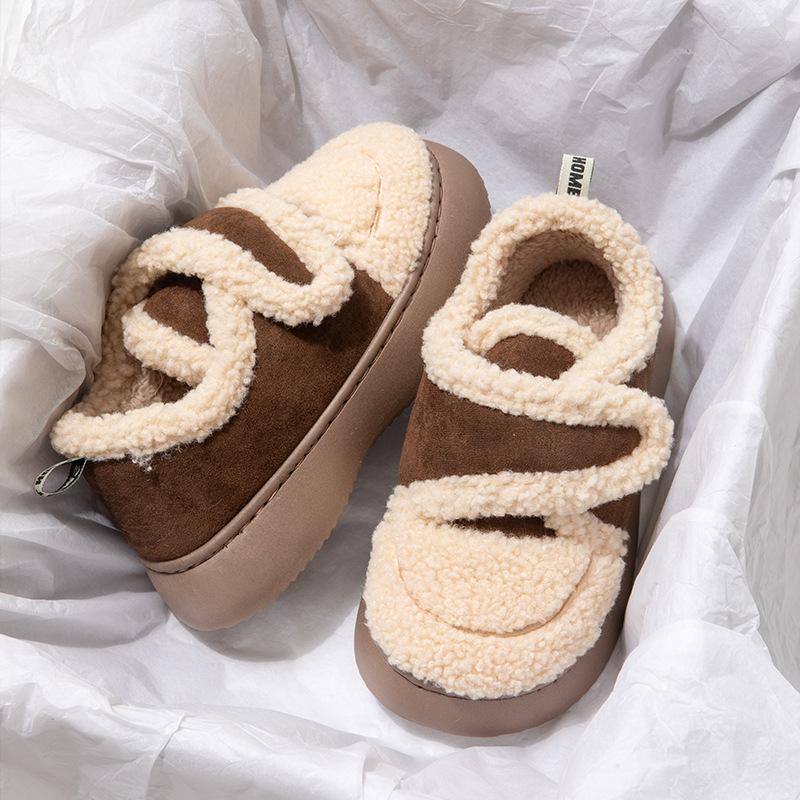 Wearing cotton shoes women winter lamb wool ins tide Internet celebrity warm velvet Velcro bag heels