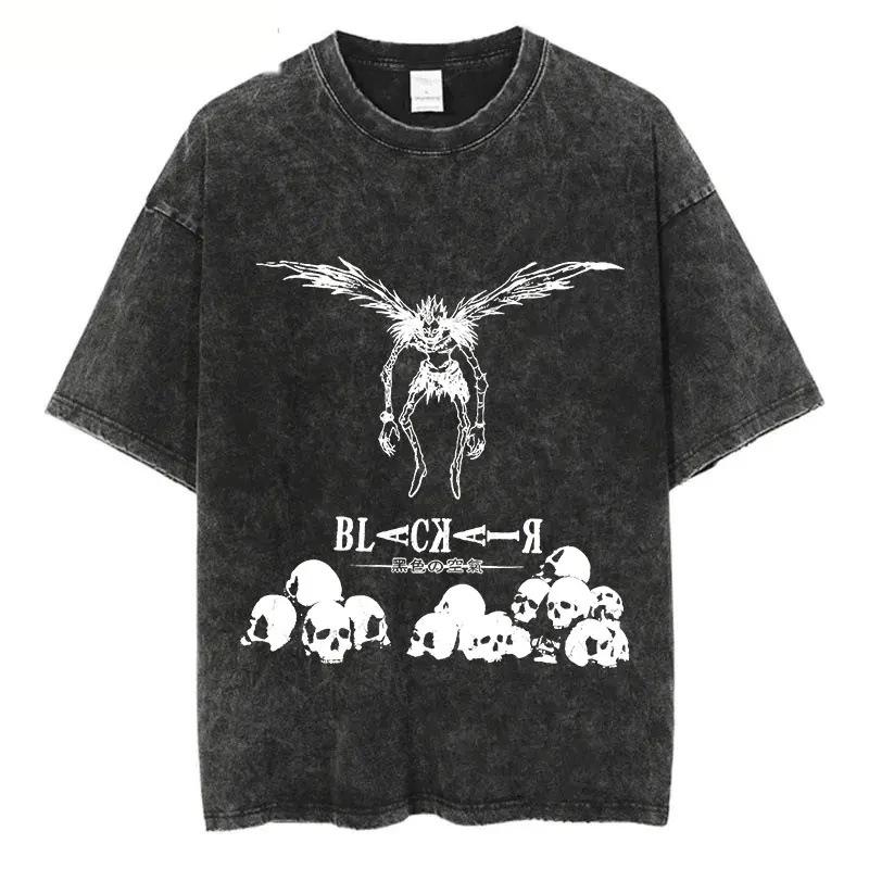 Classic Anime Death Note Graphic Washed Oversized Tshirts Women Men Heavyweight Cotton Streetwear Short Sleeved Female Male Tee