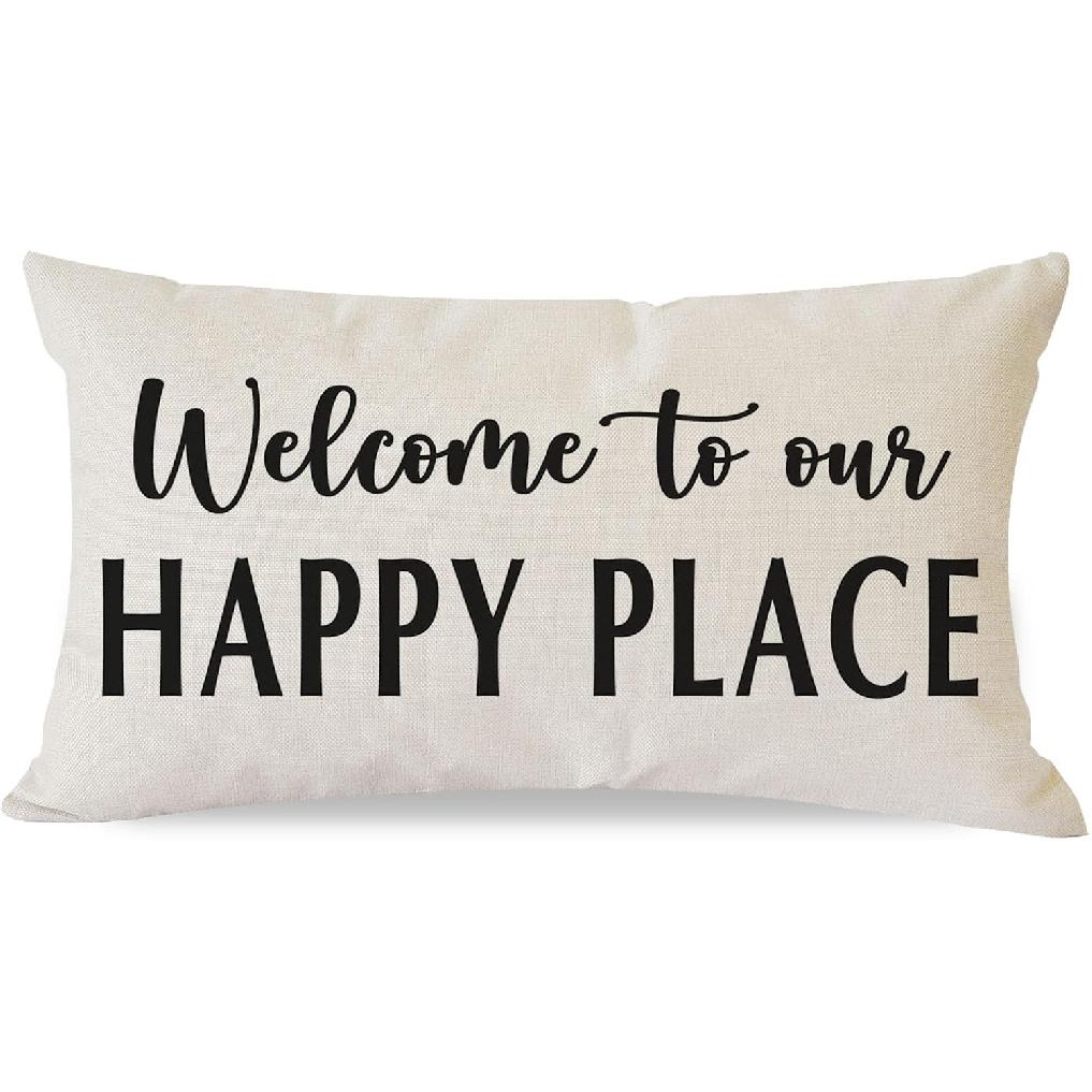 Decorative Throw Pillow Cover 12x20 Inch Welcome to Our Happy Place Black White Outdoor Modern Farmhouse Front Porch Patio Decor Lumbar Cushion Case