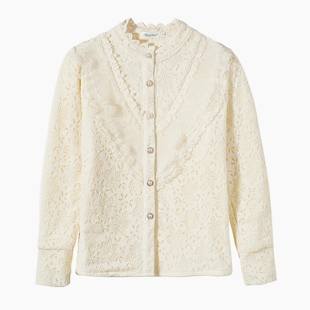 Elegant Long Sleeve Lace Bottoming Fleece Shirt with Half Turtle Neck for Women Thickened and Warm for Winter