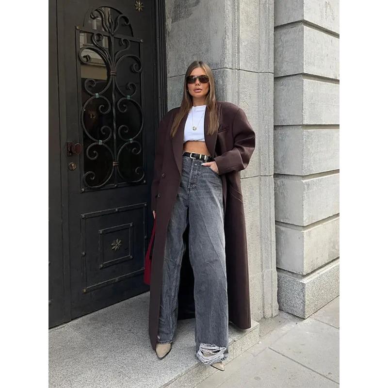 Elegant Double-breasted Woolen Long Coat Women Fashion with Pockets Full Sleeves Overcoats New Female High Streetwear