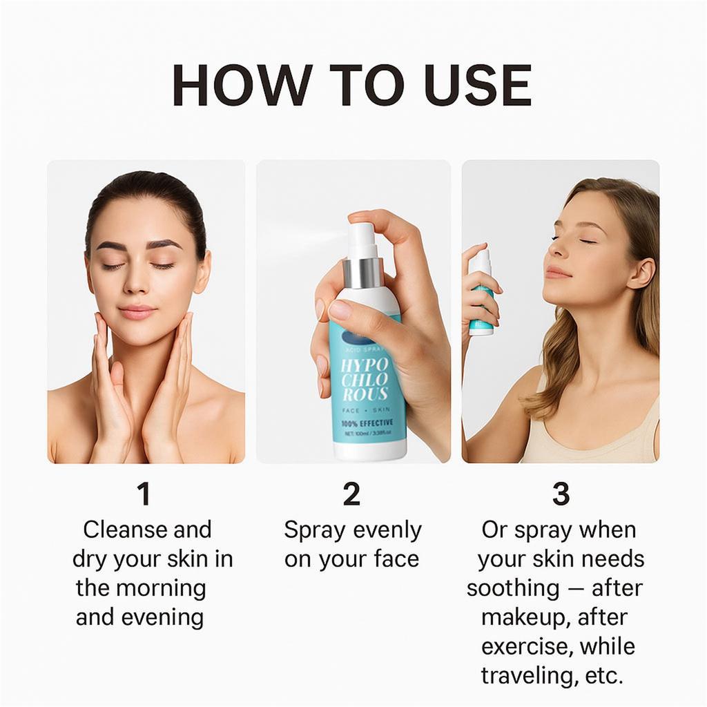 Гипохлористая вода спрей 100 мл Успокаивает, Эффективно снимает покраснение и раздражение, Поддерживает увлажнение кожи в течение всего дня и Восстанавливает естественный барьер кожи