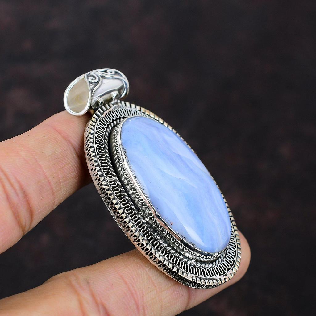 Синий кружевной кулон с агатом, стерлинговое серебро 925 пробы, винтажный кулон, синий кружевной агат, драгоценные камни, ювелирные изделия ручной работы, новый кулон, подарок для нее