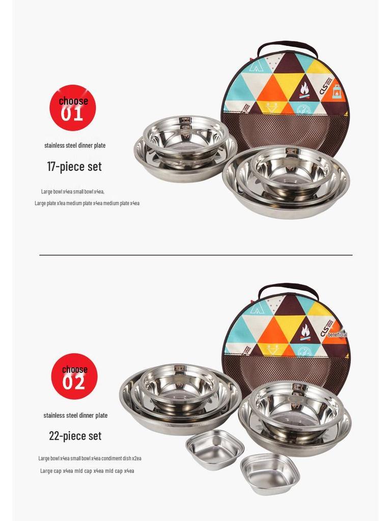 17-Piece Stainless Steel Outdoor Dinnerware Set: Portable BBQ and Camping Cutlery with Plates, Bowls, and Soup Basin.