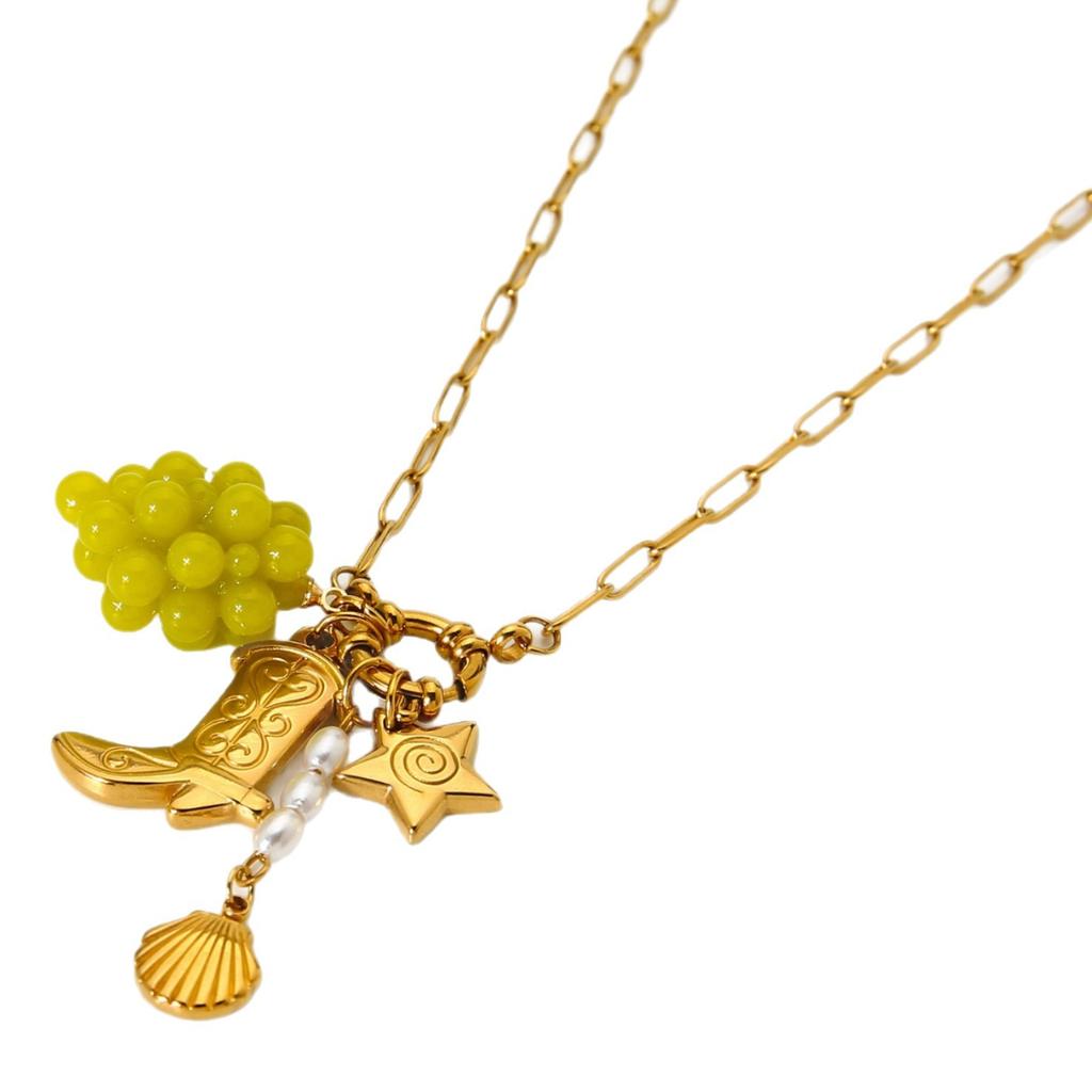 European and American 18k gold plated stainless steel boots resin acrylic grape imitation pearl pendant necklace jewelry women