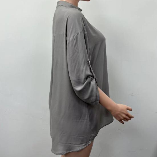 Женская повседневная рубашка с v-образным вырезом и пуговицами, вырез с длинным рукавом и блестками, пуловеры, топы, однотонные накладные карманы, свободные топы средней длины