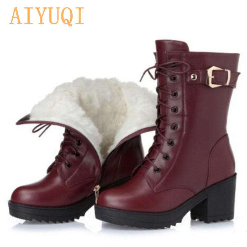 High-heeled Genuine Leather Women Winter Boots Thick Wool Warm Women Marton Boots High-quality