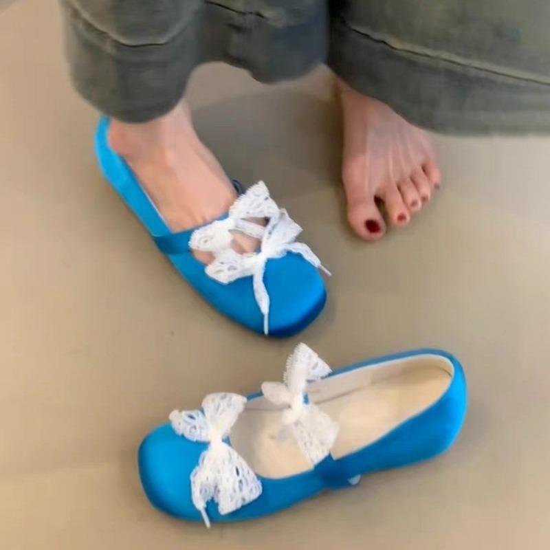 Туфли на плоской подошве, однотонные, новые, летние, с квадратным носом, с мелким вырезом, из ткани, кружевные, с бантом-бабочкой, с мягкой подошвой, противоскользящие, низкие