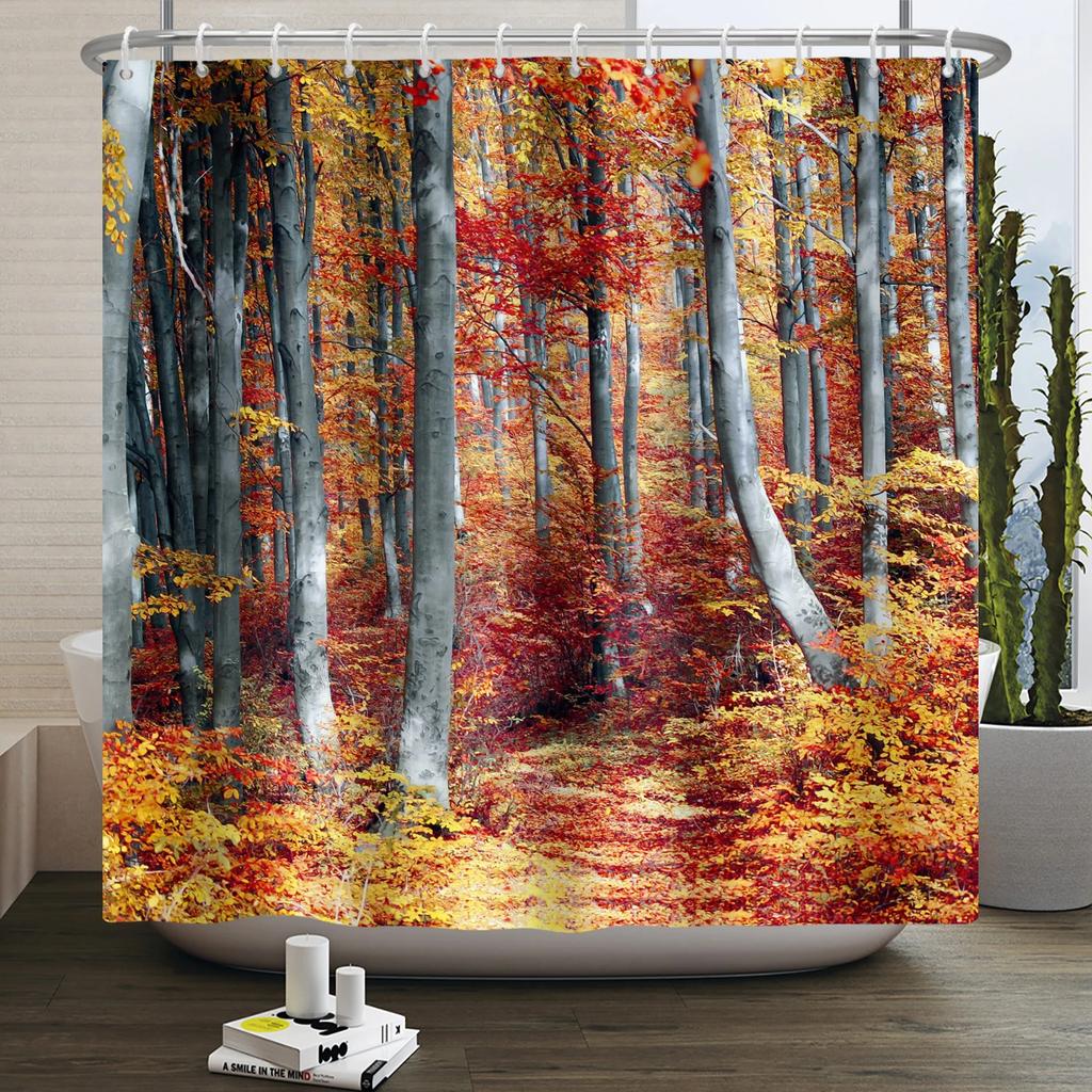 Autumn Forest Maple Shower Curtain Natural Jungle Leaves Pumpkin Fall Bathroom Shower Curtain Waterproof Shower Curtain Decor