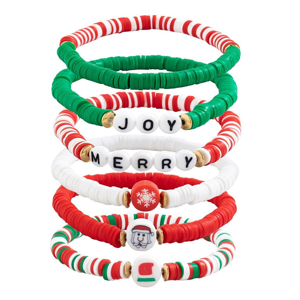 Colorful Polymer Clay Christmas Bracelet with Cartoon Snowman and English Letters for Women