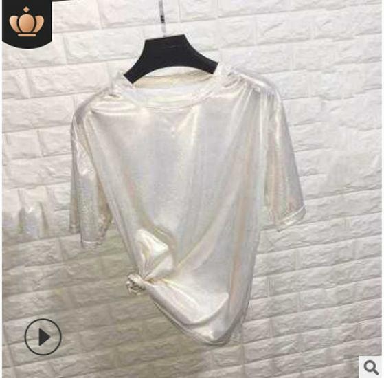 Летнее блестящее шелковое платье-футболка BF с короткими рукавами и блестками 2020 года