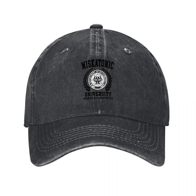 MISKATONIC UNIVERSITY Washed Cotton Baseball Cap Classic Black Adjustable Hat with Embroidered Logo Texture Design