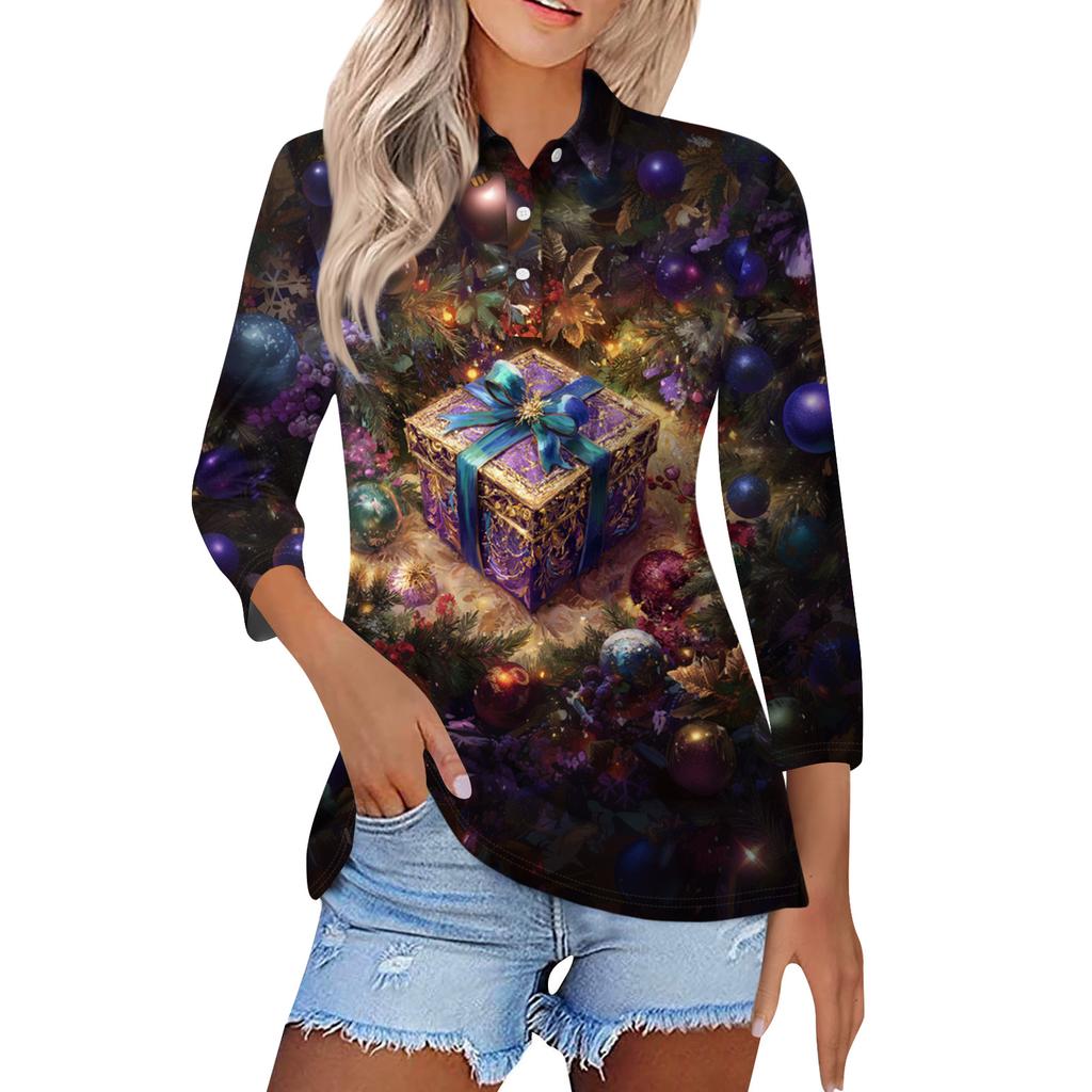 Женская модная повседневная блузка с лацканами на пуговицах, с рукавом 3/4 и винтажным принтом