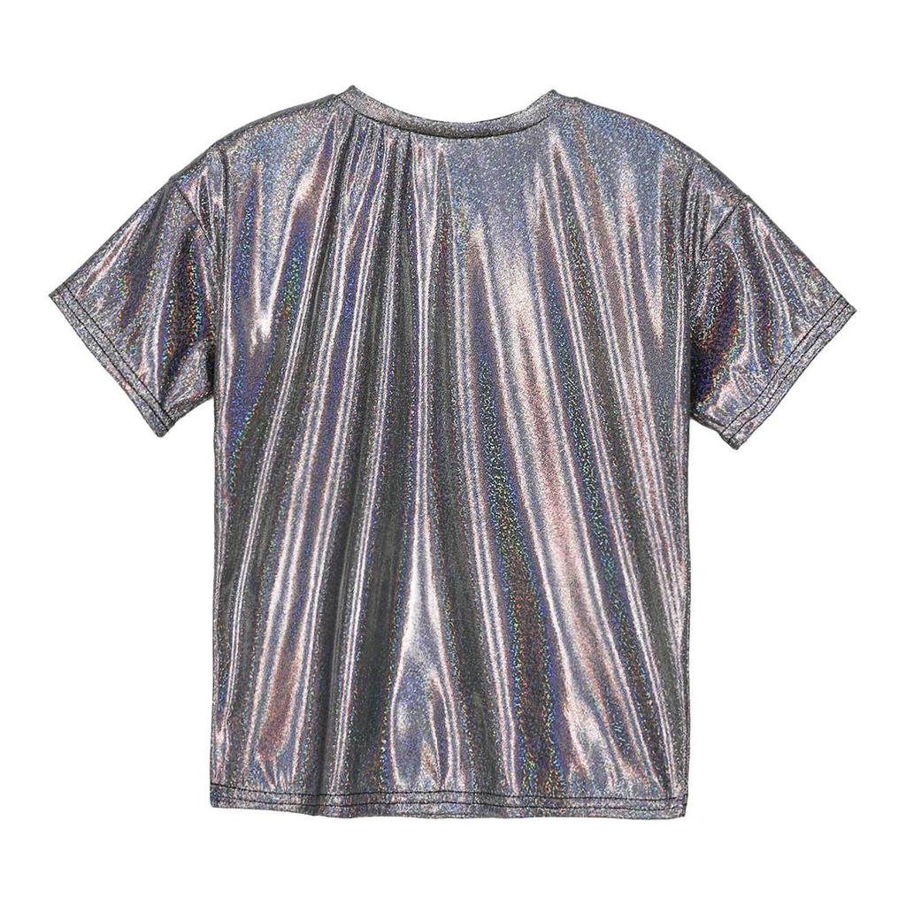 Детская унисекс одежда для девочек и мальчиков, повседневная танцевальная одежда с коротким рукавом, металлизированная блестящая блузка, топ