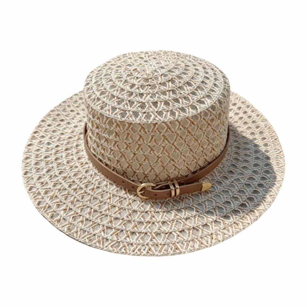 Woven Flat Top Hat Buckle Decorated Band Flat Brim Hat Versatile Straw Hat Daily Matching