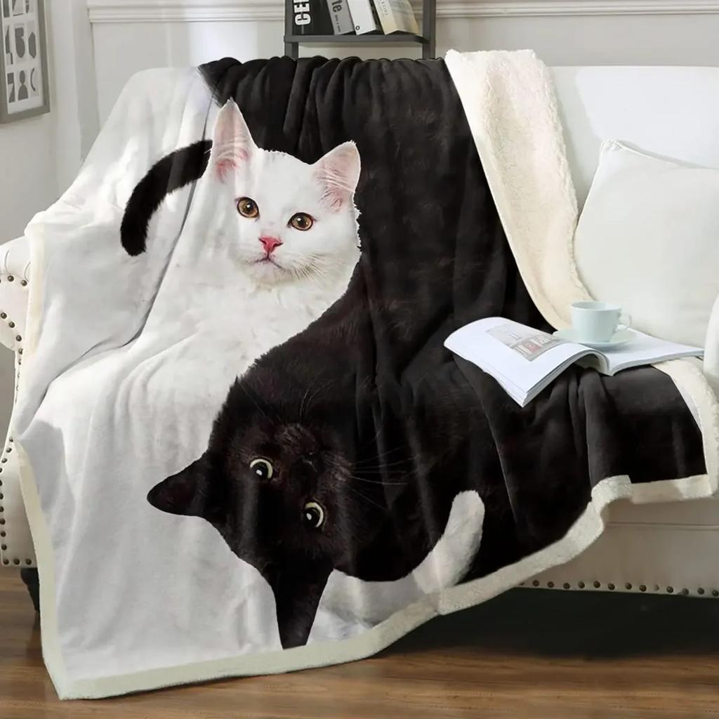 Grey and White Cats Blanket Plush Sherpa Flannel Throw Blanket for Couch Sofa Super Soft Bedroom TV Throw