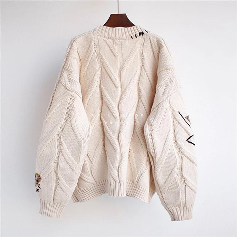 Autumn Winter Women Cardigan Warm Knitted Sweater Jacket Pocket Embroidery Fashion Knit Cardigans Coat Lady Loose Sweaters