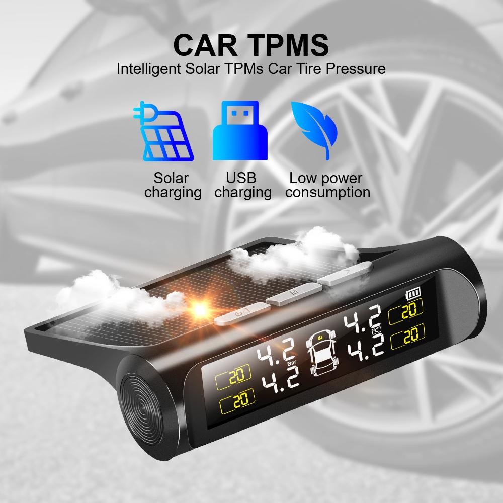 TPMS Tyre Pressure Monitoring System Solar Power LCD Display with 4 Internal/External Sensor Waterproof Temperature Warning